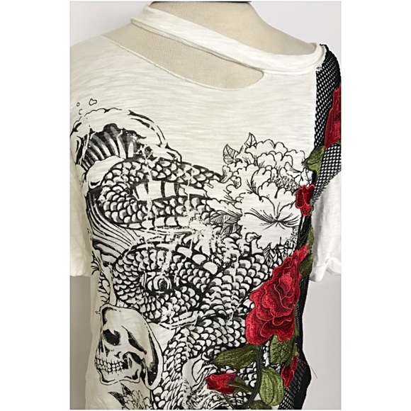 Distressed Floral Skull Graphic Top Tee SML - Picture 6 of 8